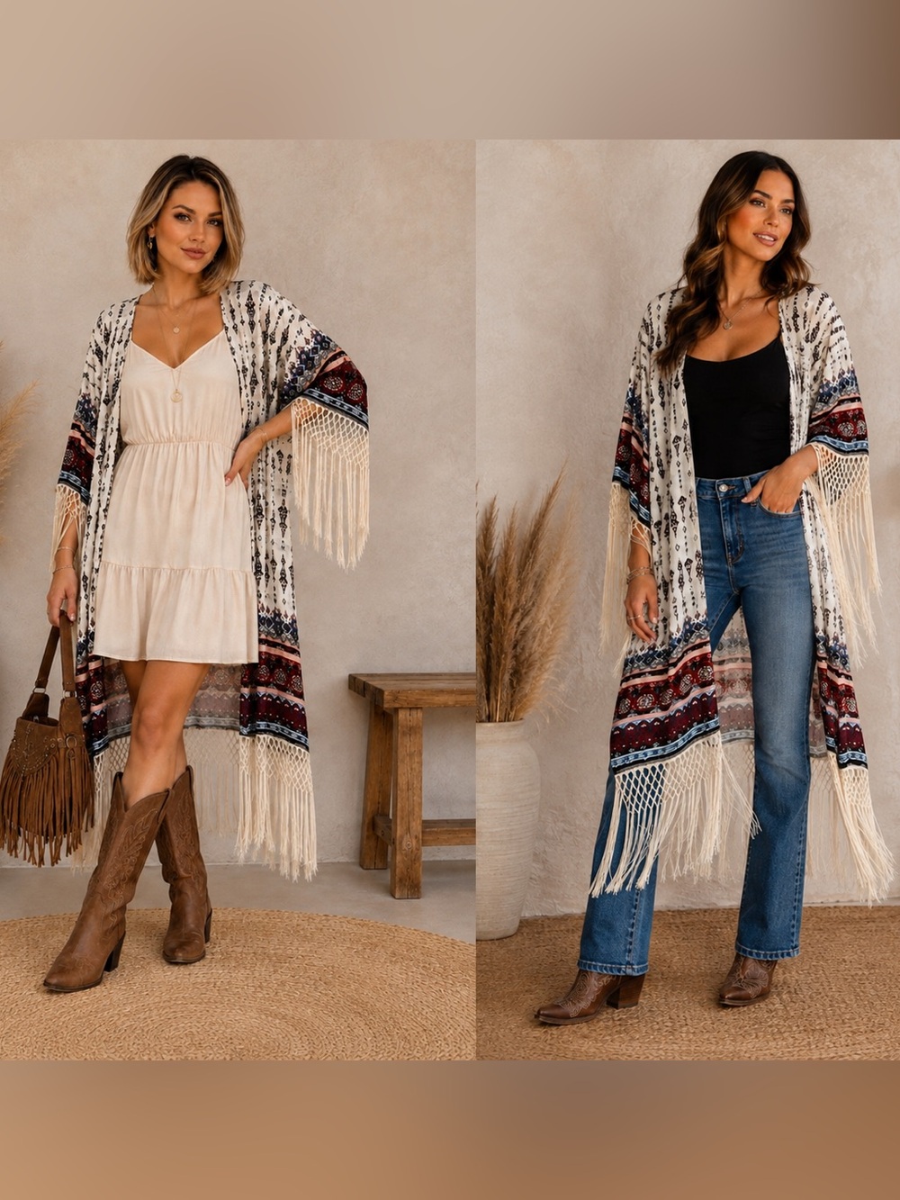 Long Kimono Cardigan Boho Chic Style with Ethnic Print and Fringes {M}